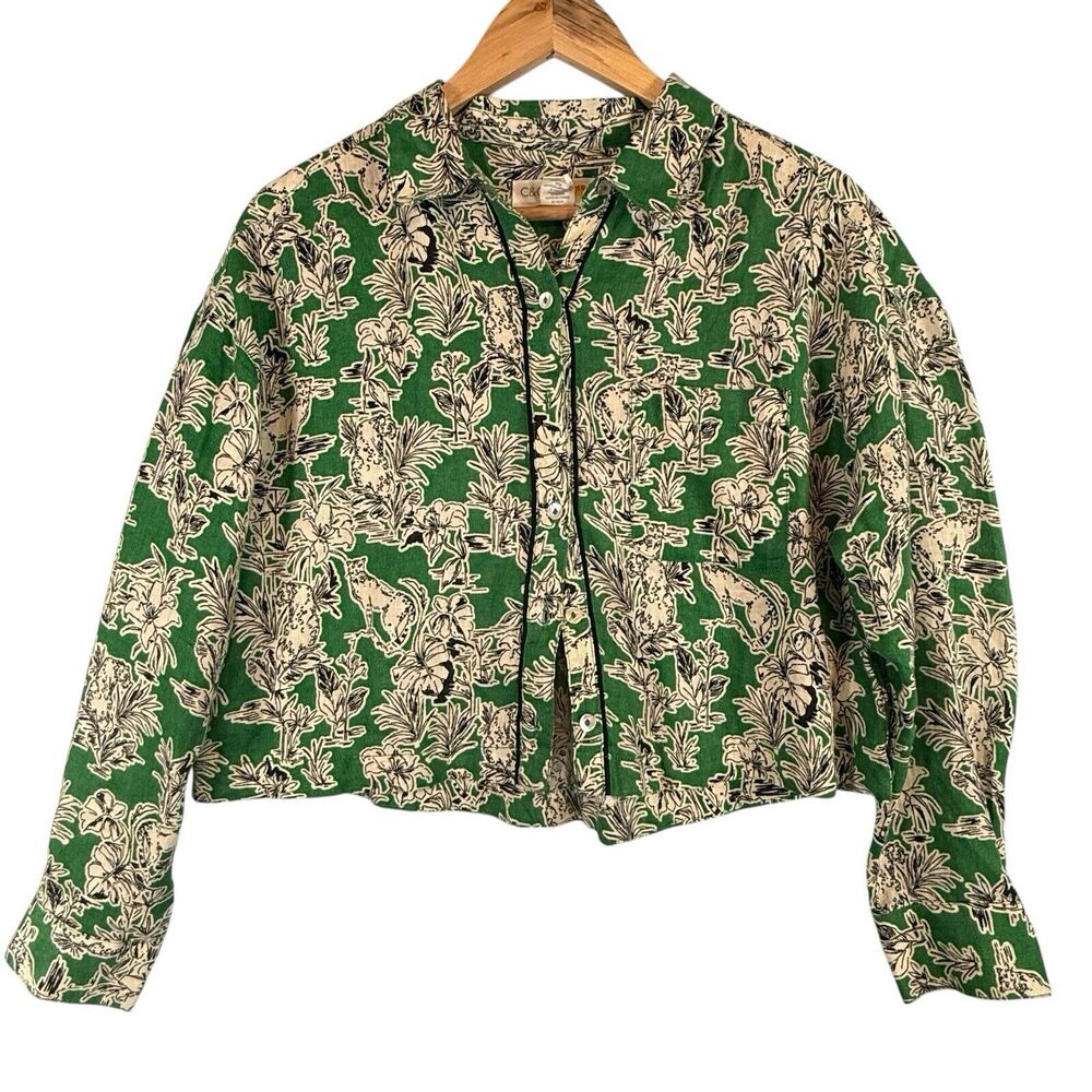 C&C California 100% Linen Size MEDIUM Womens Top Green Jungle Cat Maximalist